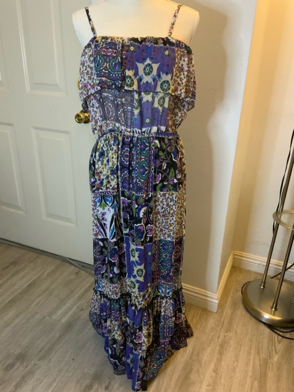 bebe Purple Patchwork Maxi Sundress with Spaghetti Straps